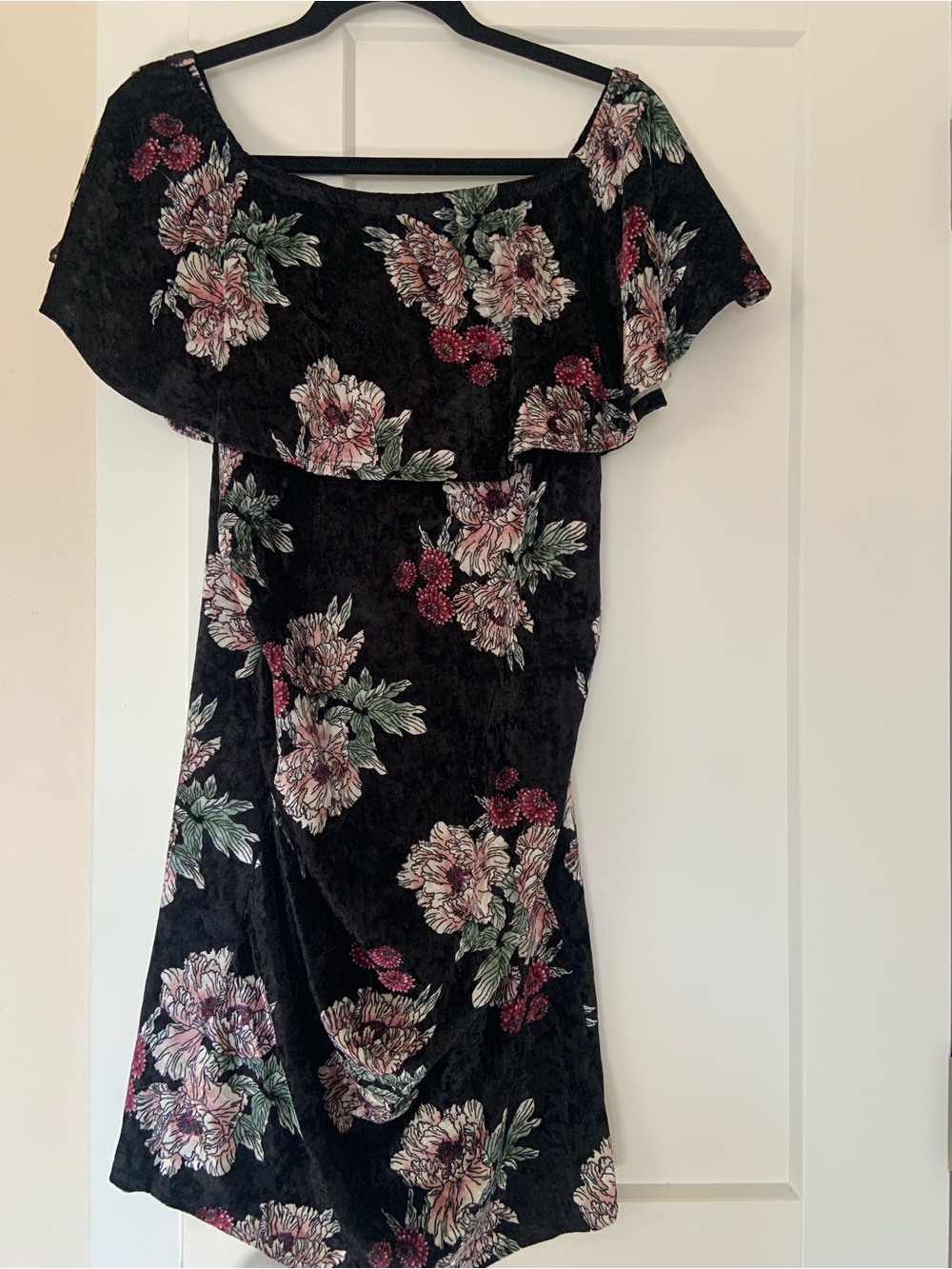 Pink Blush Maternity Dress - Velvet Floral Off-Shoulder Ruffle